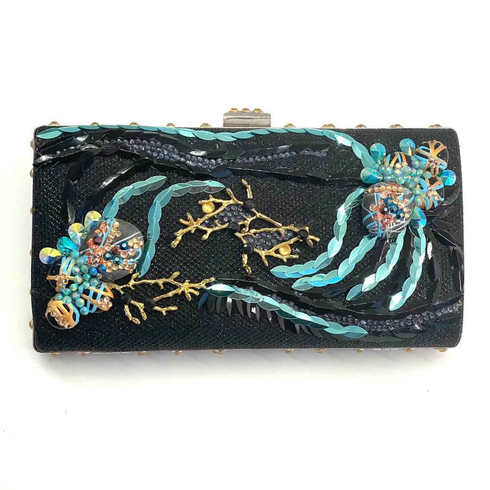 Black Clutch with stones, blue and black sequin, Crystals and Gold Branches